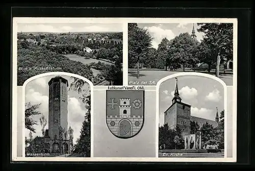 AK Varel i. Old., Platz der SA., Ev. Kirche, Wasserturm, Wappen