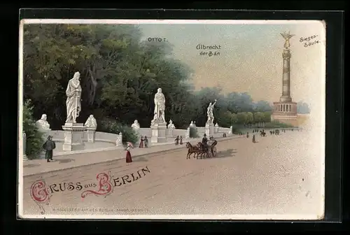 Lithographie Berlin, Siegesallee mit Denkmälern und Siegessäule