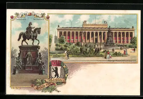 Lithographie Berlin, Kgl. Museum mit Lustgarten, Denkmal Friedrich Wilhelm III., Wappen