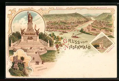 Lithographie Bingen, Gesamtansicht der Stadt am Niederwald, der Mäuseturm, das Nationaldenkmal, Burg Rheinstein