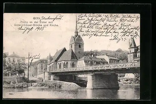 AK Gera, Partie an der Elster mit Untermhäuser-Brücke und Kirche