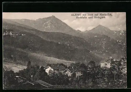 AK Alzing, Ortsansicht mit Blick auf Maria-Eck, Hochfelln und Hochgern