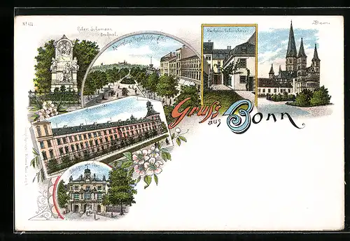 Lithographie Bonn, Kaiserplatz & Poppelsdorfer Allee, Dom, Universität, Thor