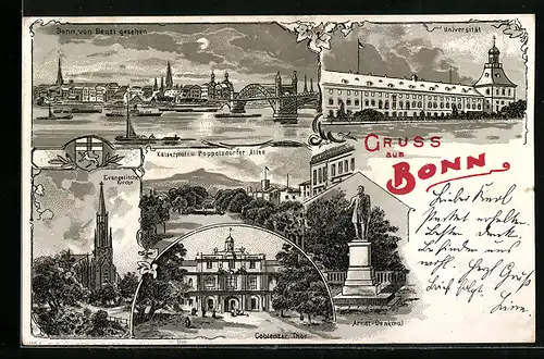 Lithographie Bonn, evang. Kirche, Coblenzer Thor, Arndt-Denkmal, Universität