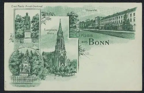 Lithographie Bonn, Universität, Ernst Moritz Arndt-Denkmal, Evang. Kirche, Schumann-Denkmal