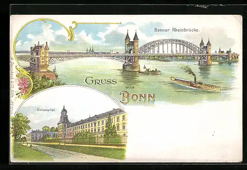 Lithographie Bonn, Marktplatz mit Denkmal, Rheinbrücke