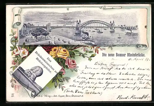 Lithographie Bonn, Das Brückenmännchen am Brückenpfeiler, Neue Rheinbrücke