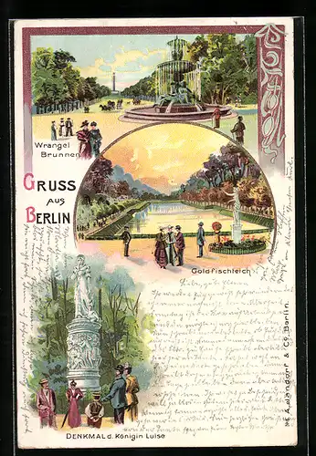 Lithographie Berlin-Tiergarten, Wrangel-Brunnen, Goldfischteich, Denkmal der Königin Luise