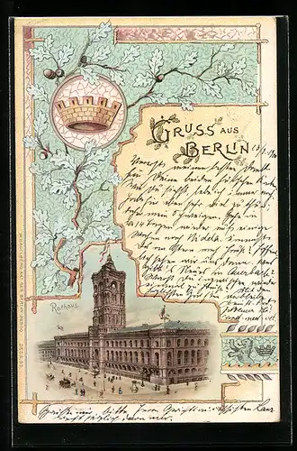 Lithographie Berlin, Rotes Rathaus, Krone in Eichenlaub, Königstrasse