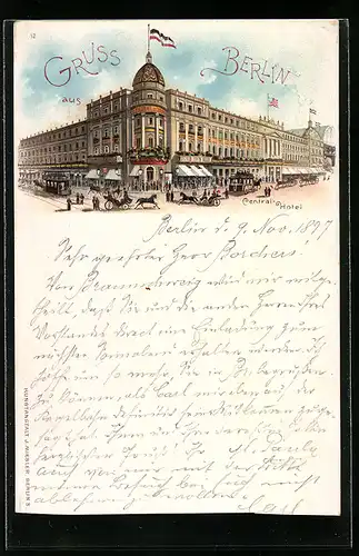 Lithographie Central-Hotel, Strassenbahn