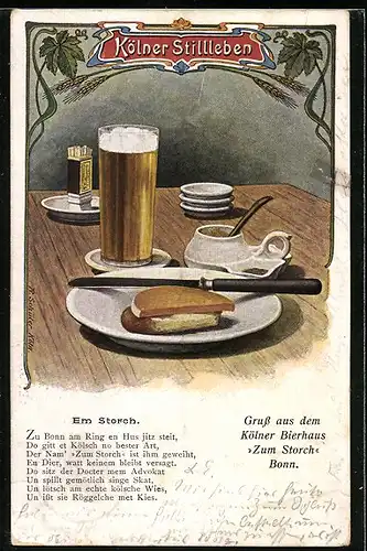 AK Bonn, Kölner Bierhaus Zum Storch, Kölner Stilleben, Motiv mit Streichhözern, Zündhölzer