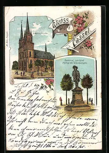 Lithographie Kassel, St. Martinskirche, Denkmal Landgraf Philipp des Grossmütigen