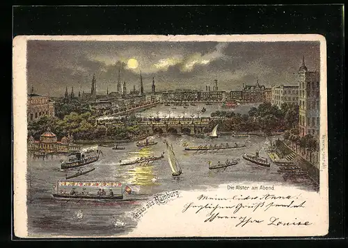Lithographie Hamburg, Die Alster am Abend