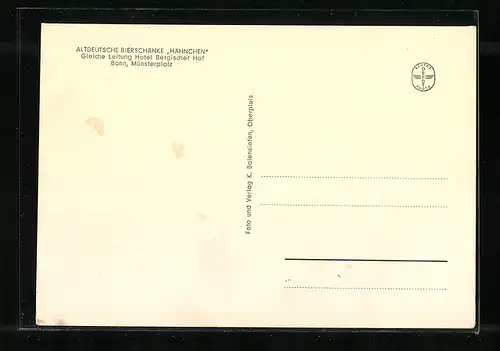 AK Bonn, Gasthaus Altdeutsche Bierschänke Hähnchen, Münsterplatz