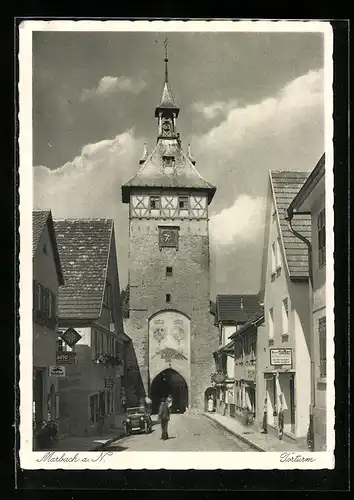 AK Marbach a. N., Torturm, Sattlerwaren Oskar Hamer