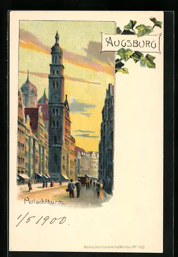 Lithographie Augsburg, Abendstimmung am Perlachthurm