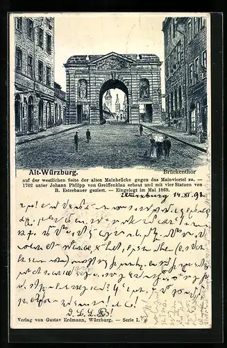 Lithographie Würzburg, Strassenpartie am Brückenthor