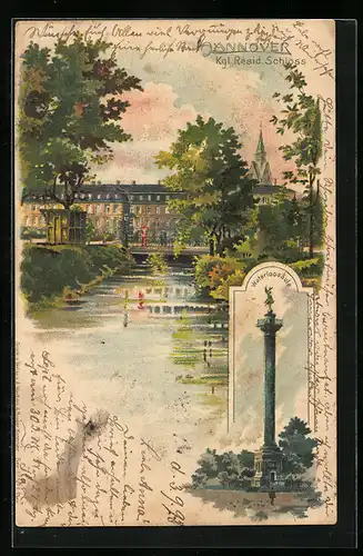 Lithographie Hannover, Kgl. Residenz-Schloss, Waterloosäule