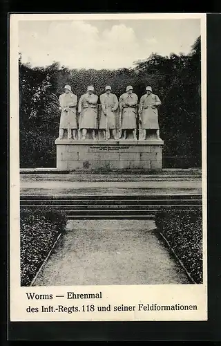 AK Worms, Ehrenmal d. Inf.-Rgt. 118 u. seiner Feldformationen