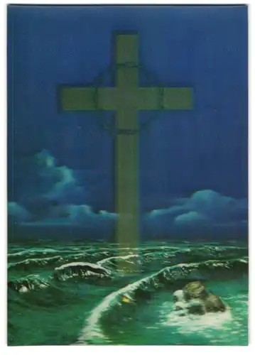 3D-AK Kreuz mit Dornenkranz auf dem Meer