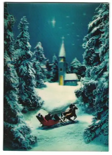 3D-AK Schlittengespann vor einer Kapelle