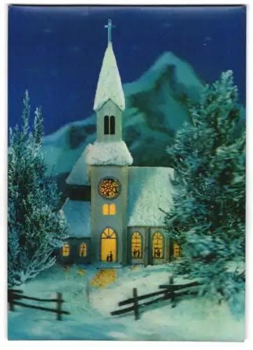 3D-AK Kapelle in Winterlandschaft bei Nacht