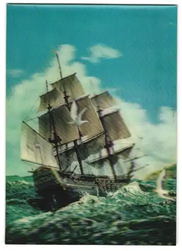 3D-AK Segelschiff auf Wellen mit Möwen
