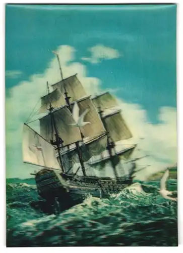 3D-AK Segelschiff auf Wellen mit Möwen