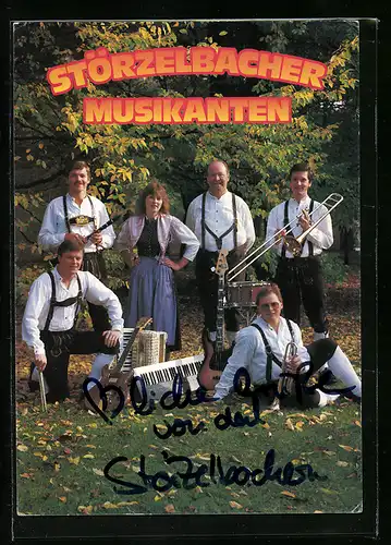 AK Musiker Störzelbacher Musikanten mit Instrumenten, Autograph