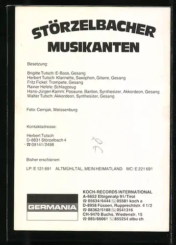 AK Musiker Störzelbacher Musikanten mit Instrumenten, Autograph