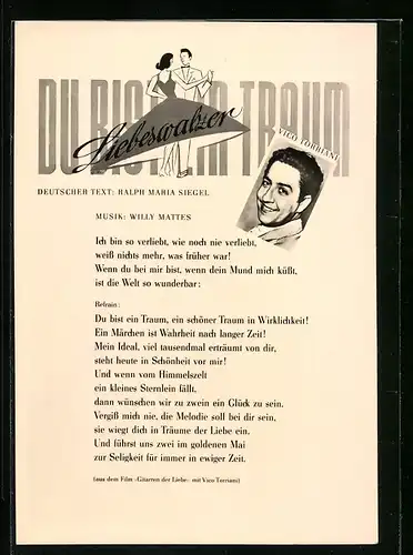 AK Musiker Vico Torriani, Liedtext Du bist ein Traum, Liebeswalzer