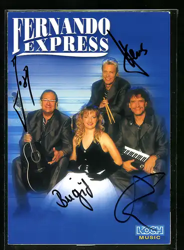 AK Musiker Fernando Express mit Instrumenten, Anzug und Kleid, Autograph