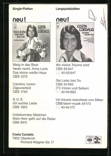 AK Musiker Costa Cordalis mit Gitarre, Autograph
