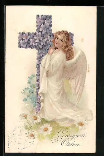AK Betender Osterengel mit Veilchenkreuz