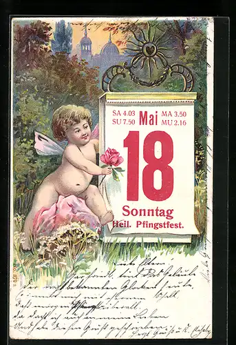 Lithographie Engel und Kalenderblatt Sonntag, 18. Mai, Heil. Pfingstfest