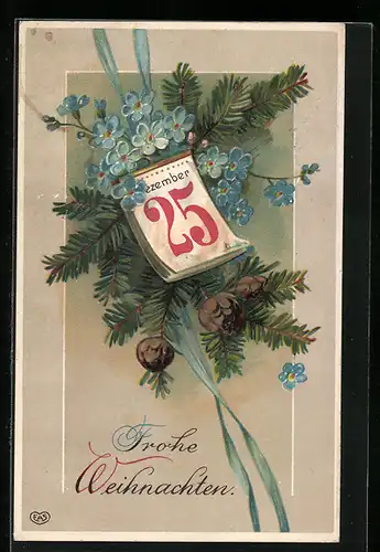 AK Frohe Weihnachten, Tannenzweig mit Kalenderblatt