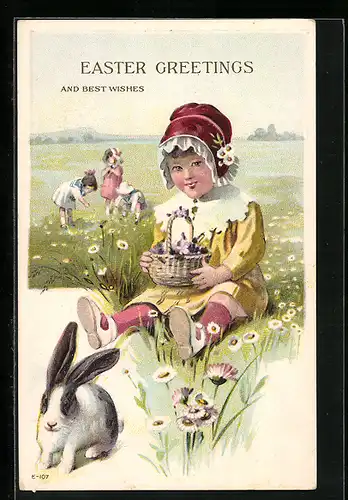 AK Mädchen mit Osterhasen im Grünen