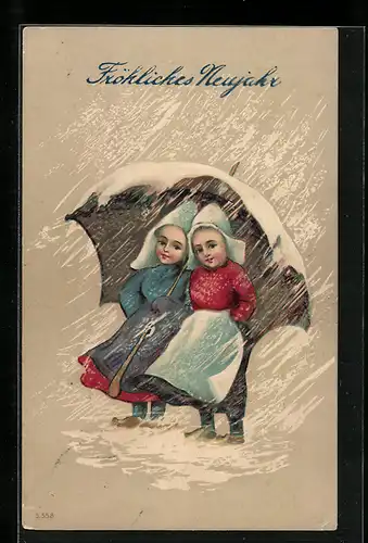 AK Kinder mit Schirm im Schnee, Neujahr