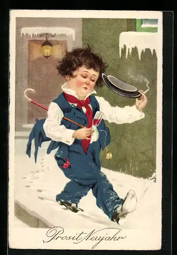 AK Betrunkener Herr im Schnee zu Neujahr