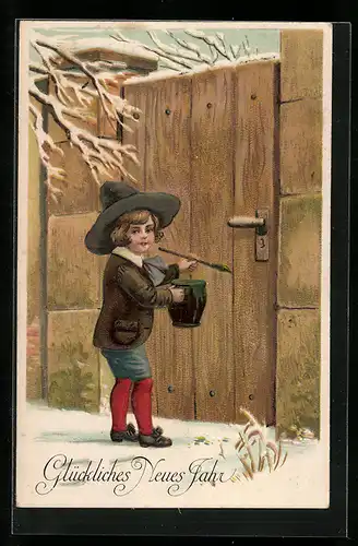 AK Junge bemalt eine Tür zu Neujahr