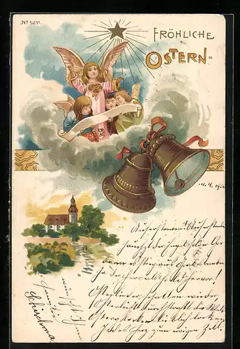 Lithographie Fröhliche Ostern, Osterengel