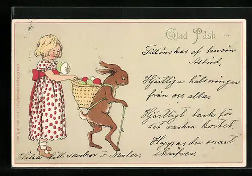 AK Osterhase mit Korb voller Ostereier