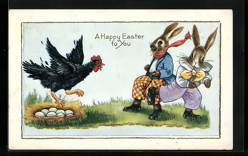 AK Tanzende Osterhasen, Hahn im Korb