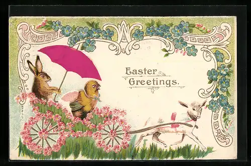 AK Osterhase und Küken unter dem Schirm