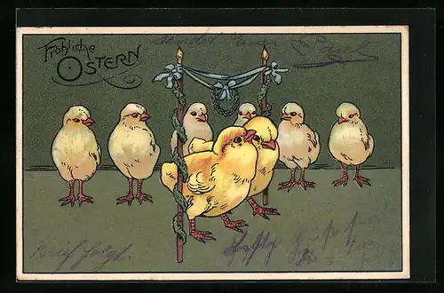 AK Osterküken spazieren unter einer Girlande, Fröhliche Ostern