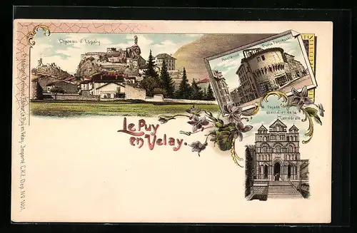 Lithographie Le Puy en Velay, Château, Cathédrale