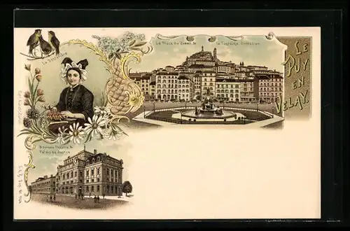 Lithographie Le Puy en Valey, La Place du Breuil & la Fontaine Crozalier, Palais de Justice