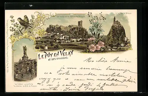 Lithographie Le Puy en Velay, Le rocher et le chateau de Polignac, l'Eglise St. Michel