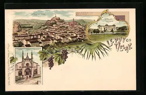 Lithographie Le Puy en Velay, L`Église Saint-Laurent, Musée Crozatier