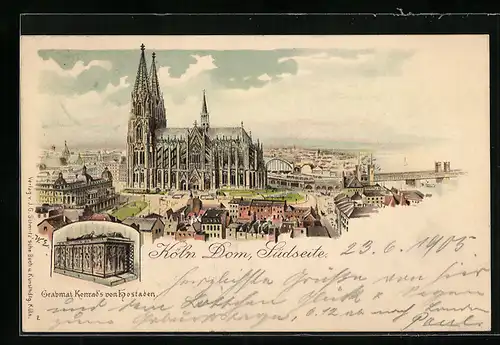 Lithographie Köln, Dom von der Südseite, Grabmal Konrad`s von Hostaden
